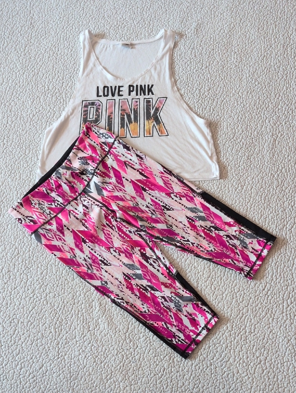 Victoria Secret Sport Knockout Cropped Leggings Palm Tree Tank Top Set Athletic